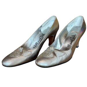 Vintage Hill and Dale Metallic Silver Pinup Jeweled Pumps 5.5 N USA